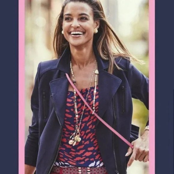 Cabi Chance Navy Blue Asymmetrical Zip Moto Jacket Women's Large 5476